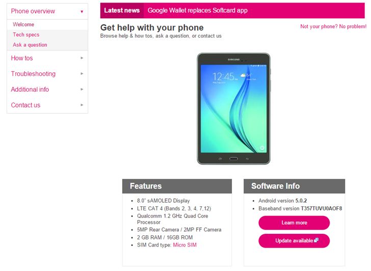 Fotografía - [Actualización: Disponible Ahora] Una versión de T-Mobile de Samsung 8 pulgadas Galaxy Tab A ha aparecido en la página web del Transportista